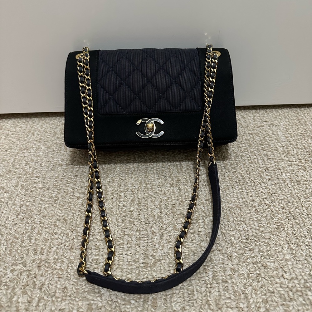Chanel Mademoiselle Classic Quilted Satin Grosgrain Small Crossbody Flap Bag